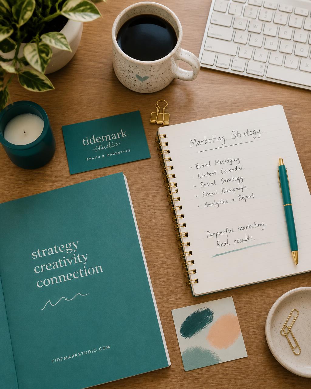 A warm boutique marketing studio desk with coffee, notebook, and brand materials in teal tones